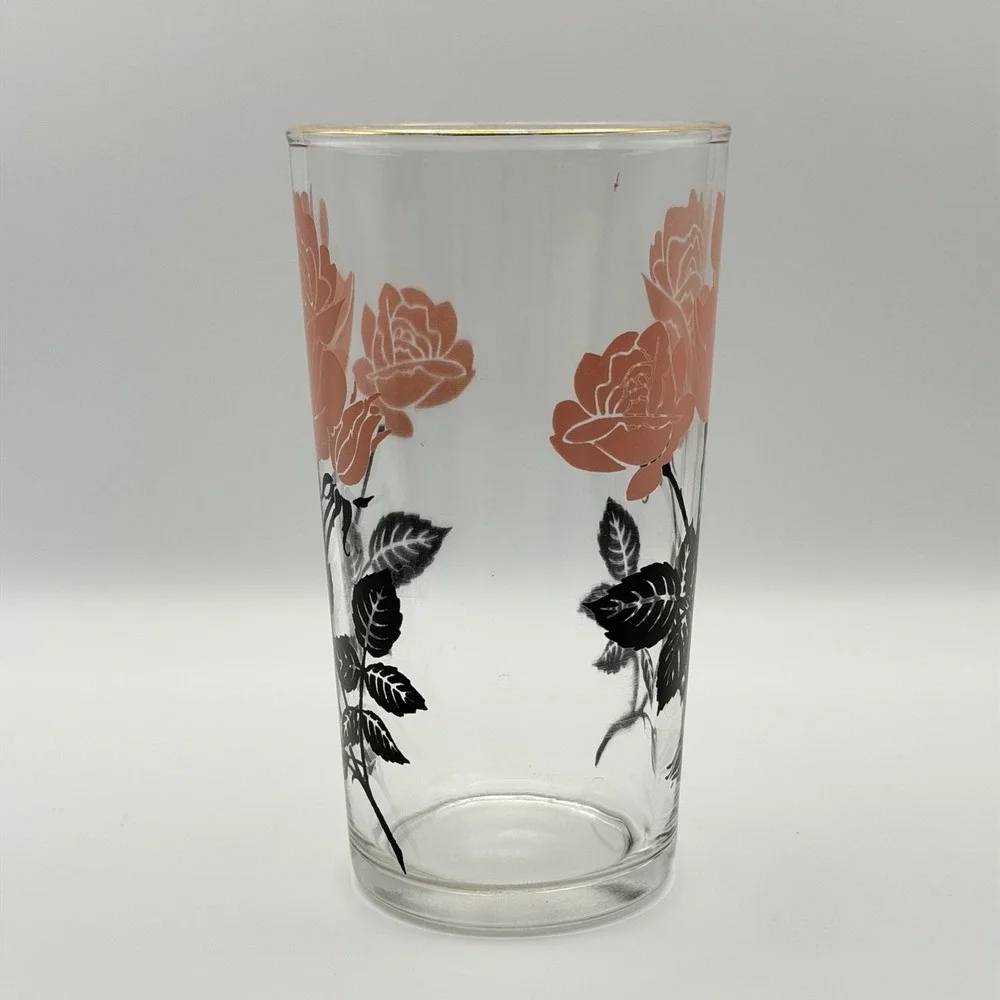 Vintage‎ Pink Rose Glasses Set of 6 Highball Gold Rim Floral Tumblers 1960s MCM